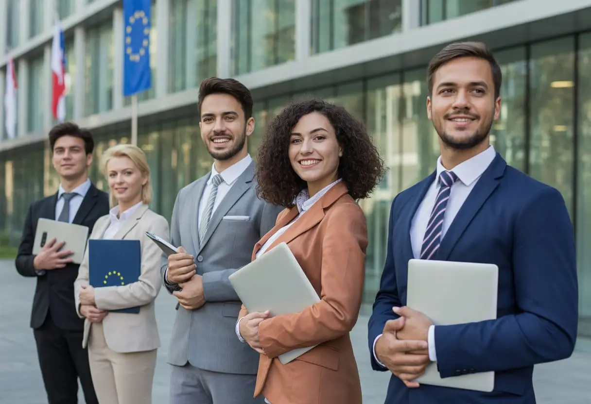 Een diverse groep jonge professionals staat buiten een modern overheidsgebouw, met documenten en laptops in de hand, klaar voor het immigratieproces.
