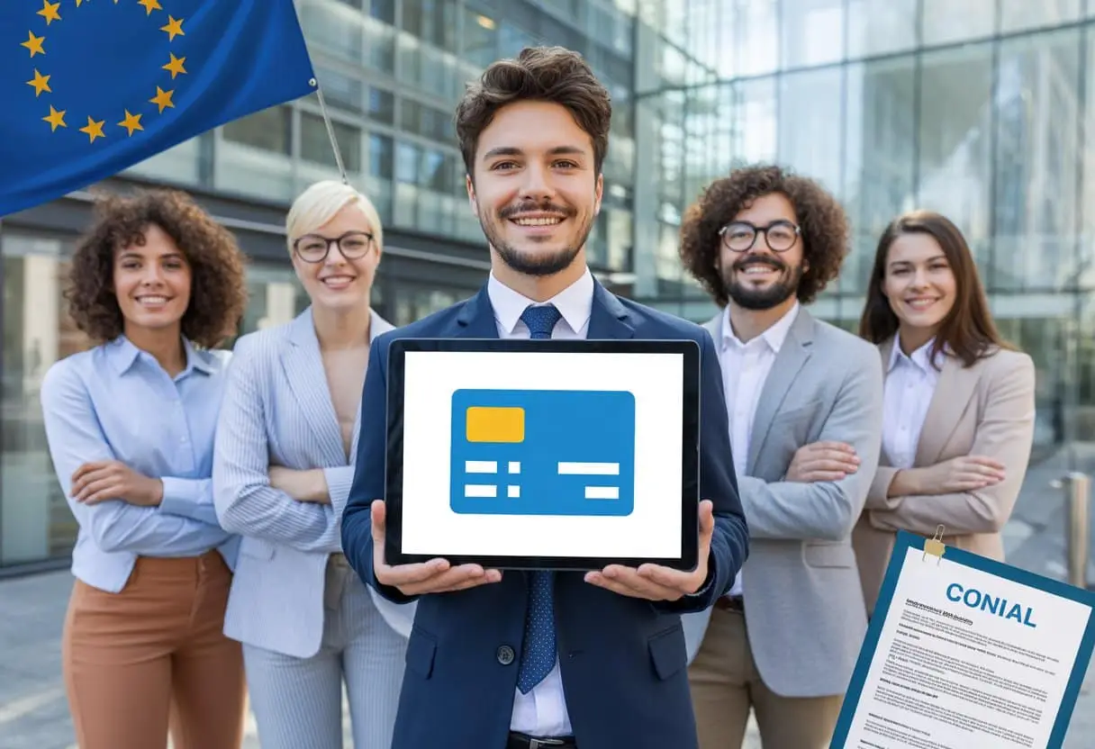 Een diverse groep jonge professionals staat voor een modern kantoorgebouw met een Europees vlag op de achtergrond, één persoon houdt een tablet vast met een blauw kaart-icoon erop.