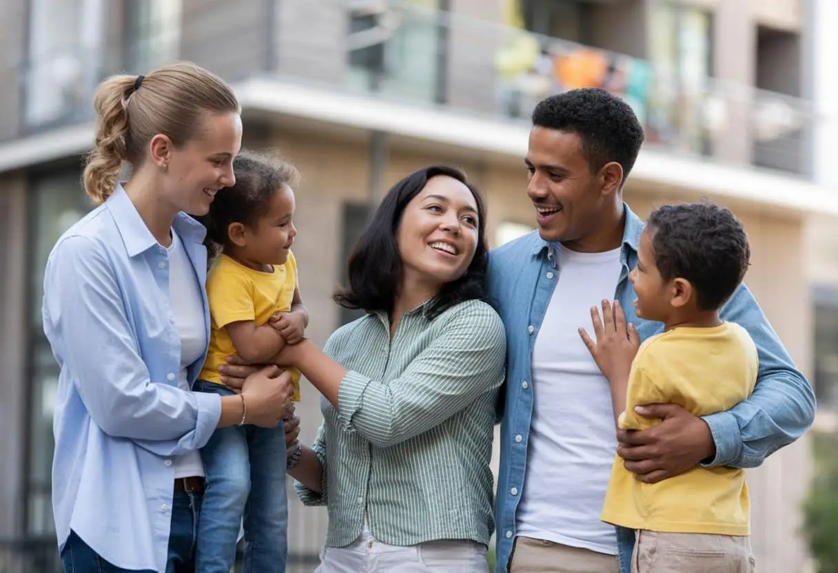 Een diverse Nederlandse familie van meerdere generaties die samen buiten een modern appartementgebouw vrolijk met elkaar omgaat.