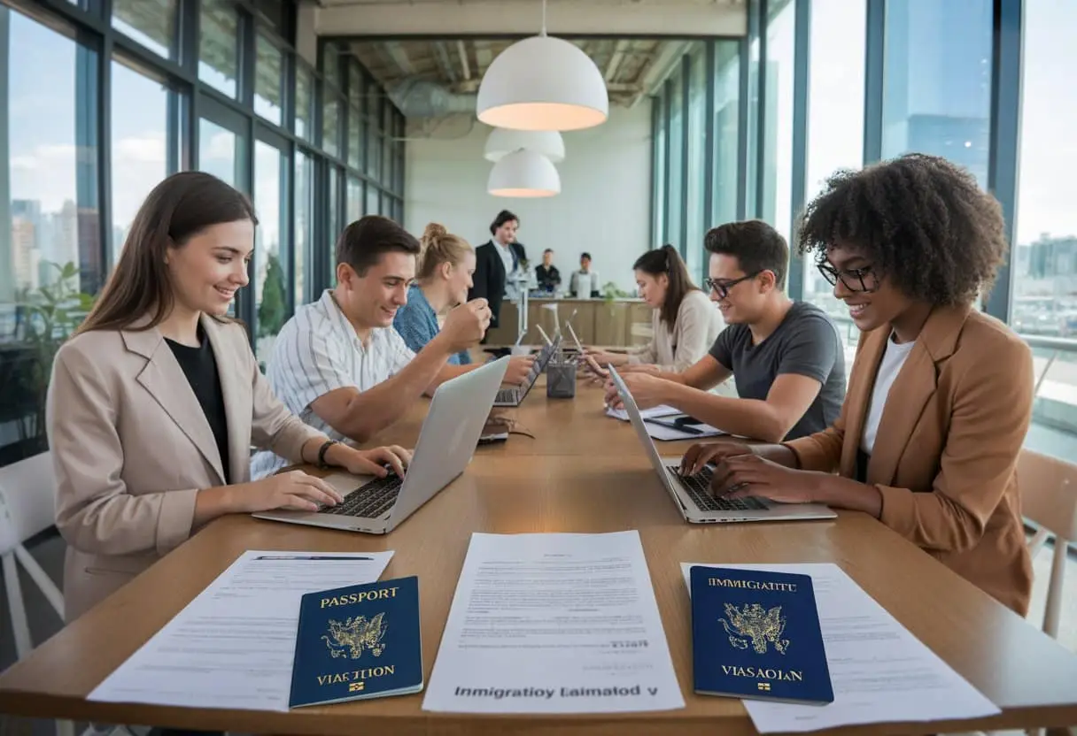 Een groep jonge mensen werkt samen in een modern kantoor met laptops en documenten, met een stadsgezicht op de achtergrond.