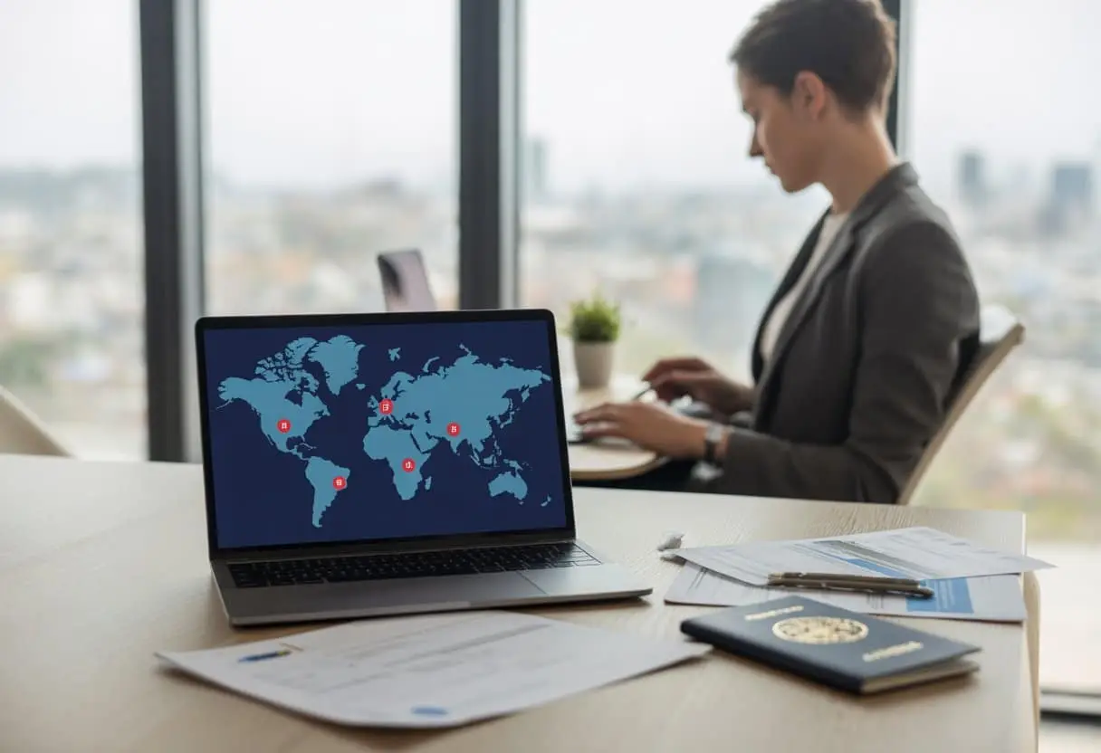 Een persoon werkt op een laptop met een wereldkaart en reisdocumenten op een bureau, met een stadsgezicht op de achtergrond.