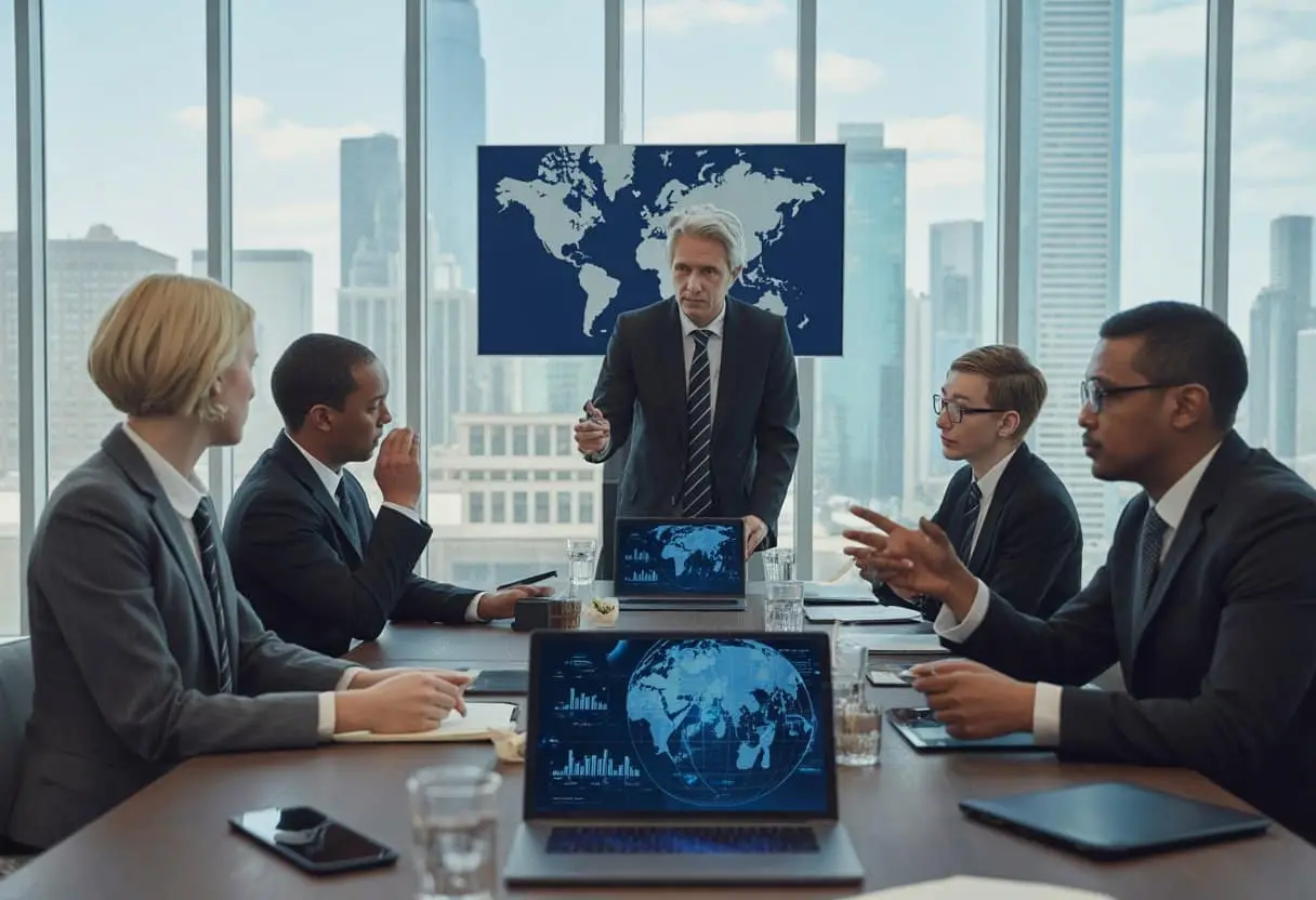 Een groep zakelijke professionals in een vergaderruimte bespreekt internationale transacties met laptops en documenten op tafel, met een stadsgezicht op de achtergrond.