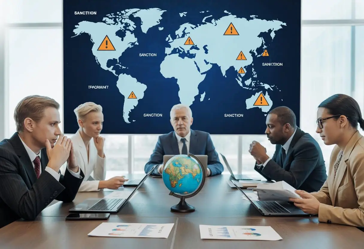 Zakelijke professionals die in een kantoor vergaderen met een wereldkaart op de achtergrond en documenten over internationale handel op tafel.