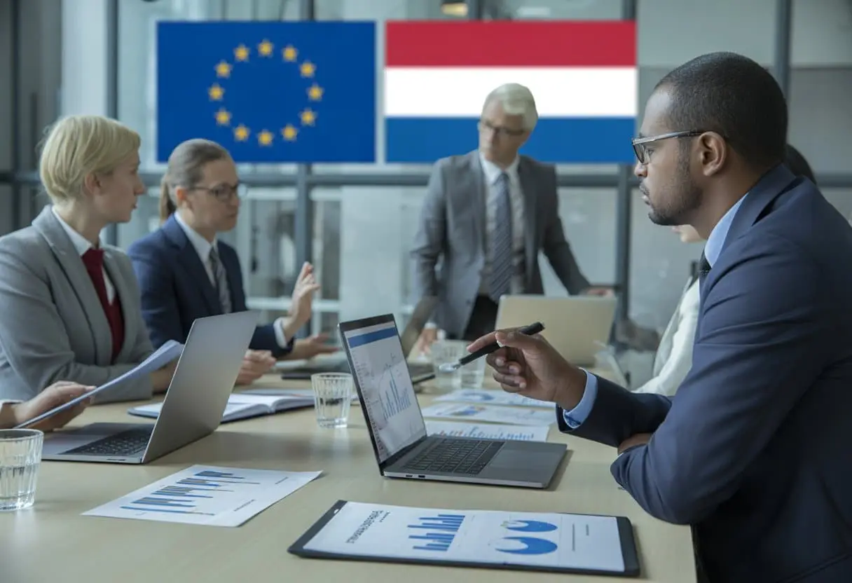 Zakelijke professionals bespreken juridische en compliance kwesties rond internationale transacties in een moderne kantooromgeving.