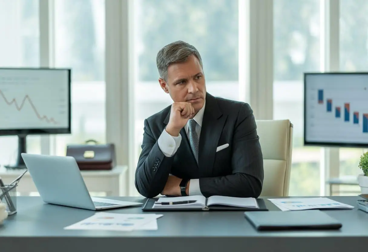 Een zakenman zit aan een bureau met financiële documenten en een laptop in een modern kantoor, met grafieken op de achtergrond die dalende cijfers tonen.