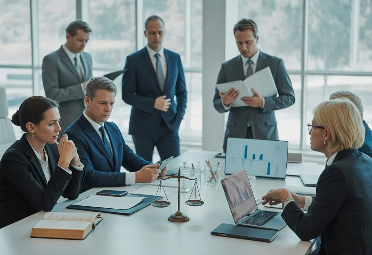 Zakelijke mensen in een moderne kantooromgeving bespreken documenten aan een vergadertafel, gericht op juridische en financiële thema's.