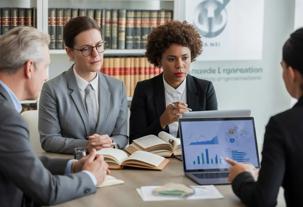 De Juridische Structuur van een Goed Doel (ANBI): Eisen en Valkuilen 1 Een groep professionals bespreekt documenten en laptops in een kantooromgeving, gericht op juridische en administratieve aspecten van een goed doel.