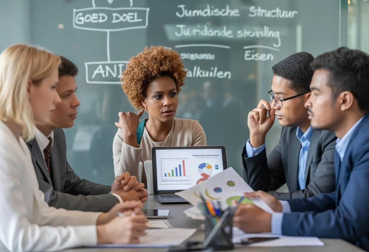 De Juridische Structuur van een Goed Doel (ANBI): Eisen en Valkuilen 2 Een groep professionals bespreekt documenten en grafieken in een kantooromgeving over de juridische structuur van een goed doel.