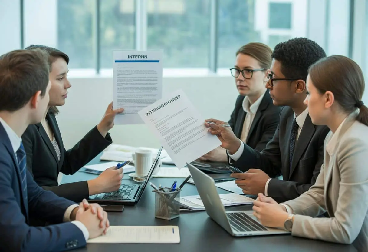 Een groep zakelijke professionals bespreekt documenten aan een vergadertafel in een moderne kantooromgeving.