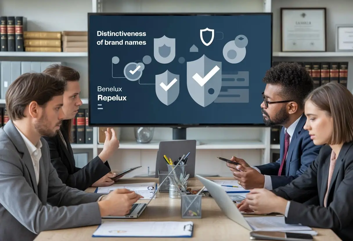 Een groep zakelijke professionals bespreekt merkregistratie in een moderne kantooromgeving met documenten en laptops op tafel.