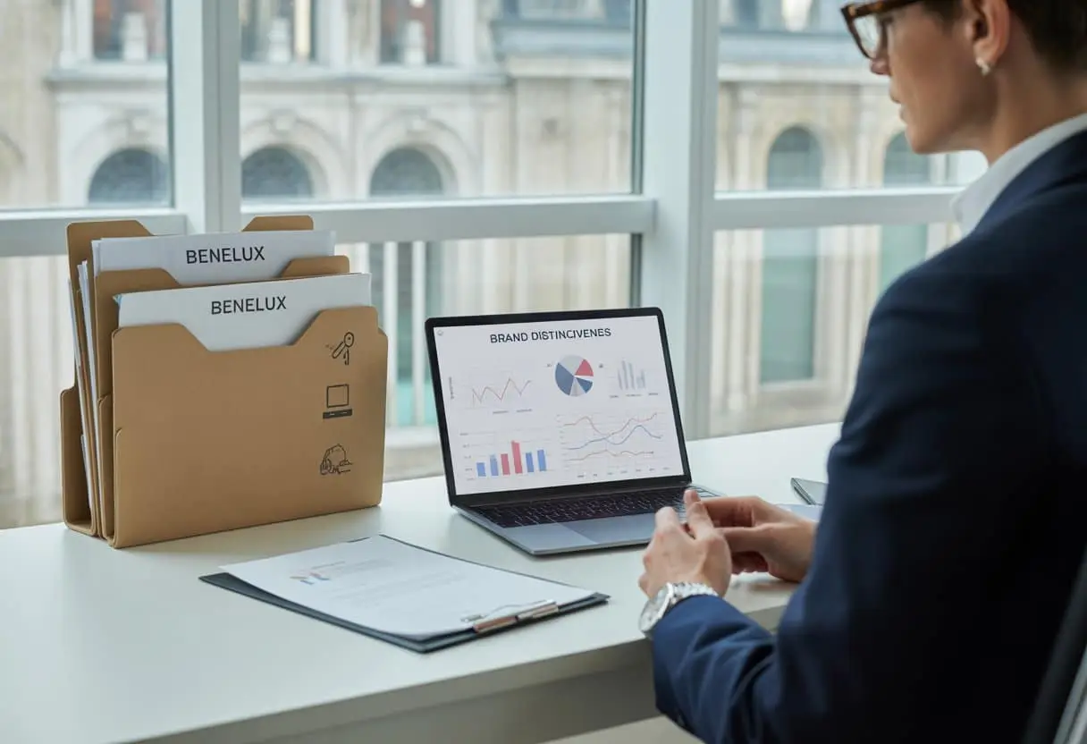 Een zakelijke professional zit aan een bureau met juridische documenten en een laptop, in een kantoor met uitzicht op een Europese stad.