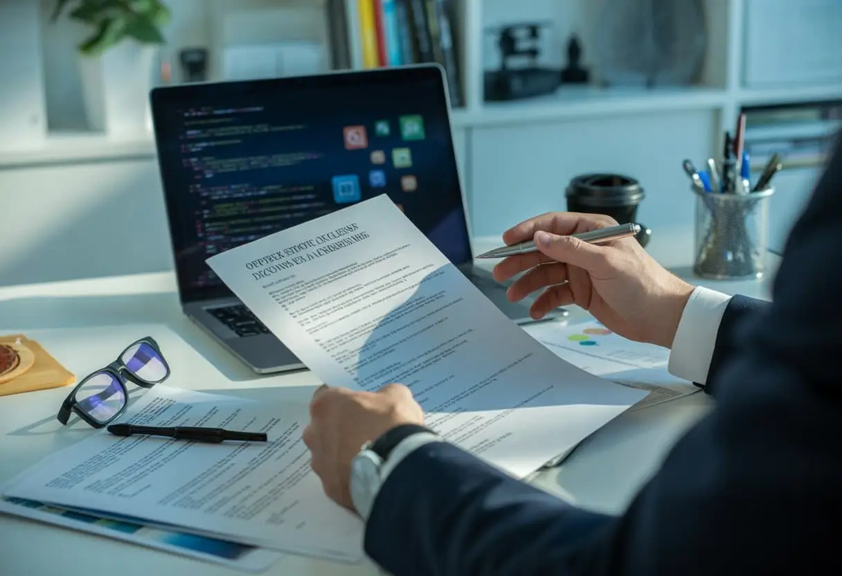 Open Source Software Licenties: De kleine lettertjes voor bedrijven 1 Iemand bekijkt aandachtig een softwarelicentie op een bureau met een laptop en kantoorartikelen.