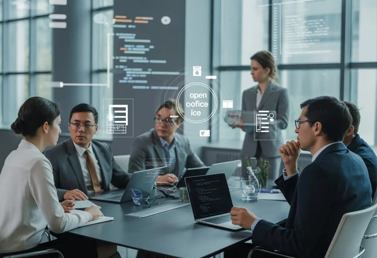 Open Source Software Licenties: De kleine lettertjes voor bedrijven 2 Zakelijke professionals in een kantoorruimte bespreken softwarelicenties rond een tafel met laptops en documenten.