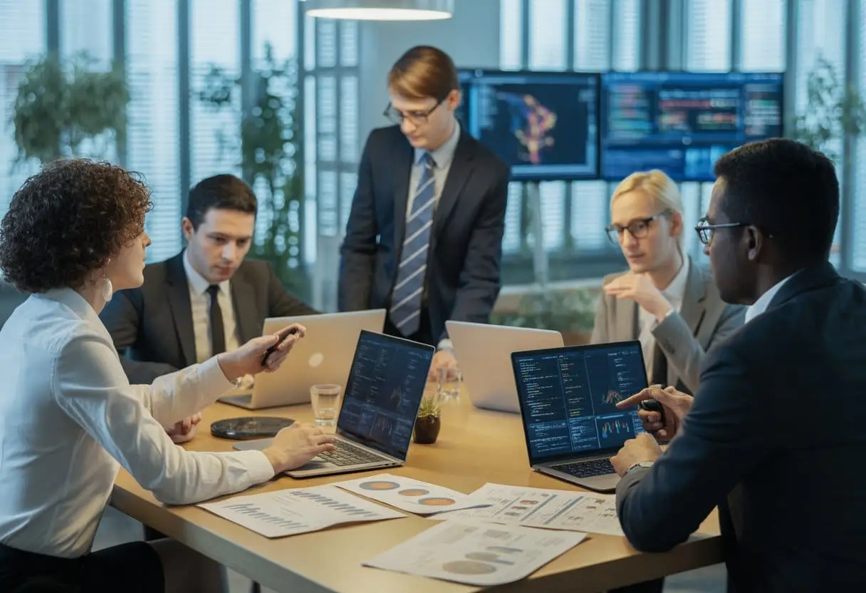 Open Source Software Licenties: De kleine lettertjes voor bedrijven 3 Een groep zakelijke professionals bespreekt softwarelicenties in een moderne kantooromgeving.