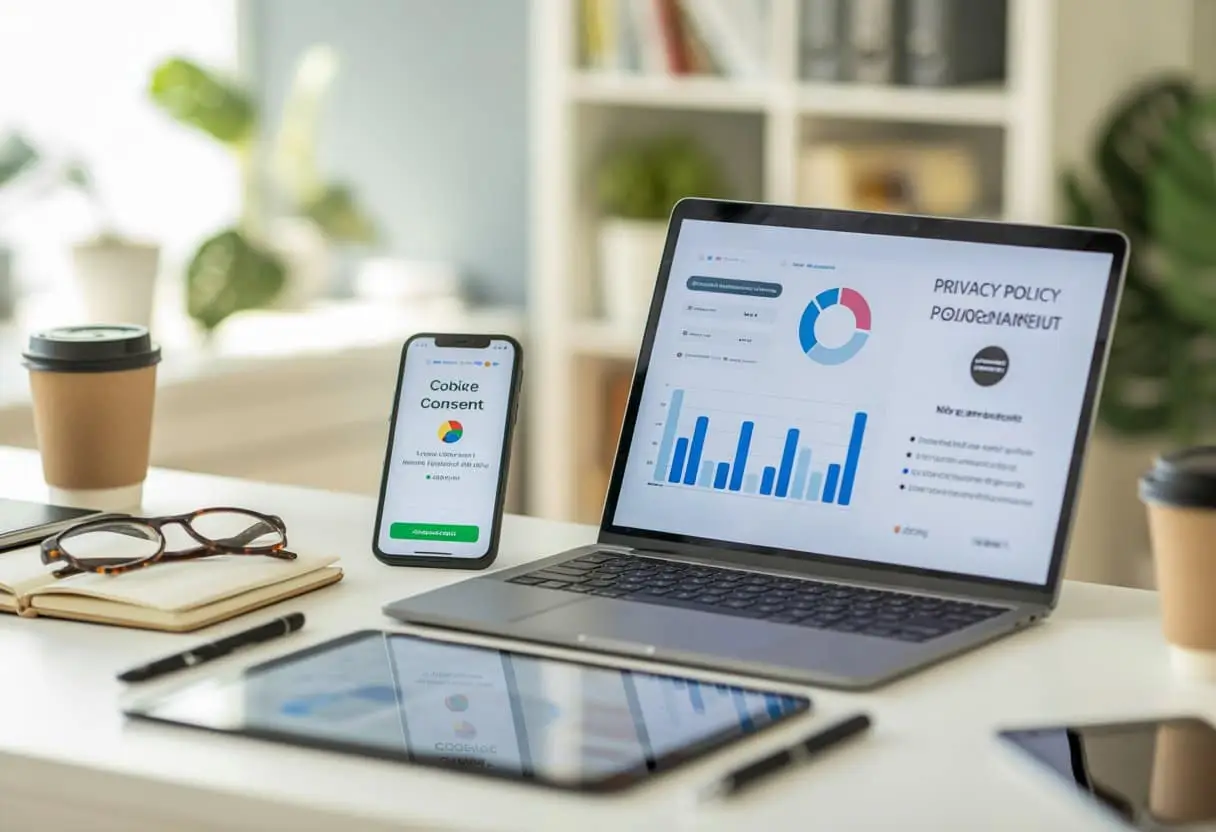 De Nieuwe E-Privacy Verordening: Wat betekent dit voor uw cookies en digitale marketing? 1 Een moderne kantoorwerkplek met een laptop, smartphone en tablet die digitale marketing en privacy-instellingen tonen.