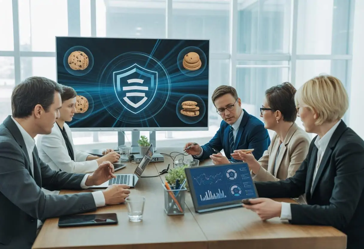 De Nieuwe E-Privacy Verordening: Wat betekent dit voor uw cookies en digitale marketing? 2 Een groep professionals bespreekt gegevensprivacy en digitale marketing in een moderne kantooromgeving.