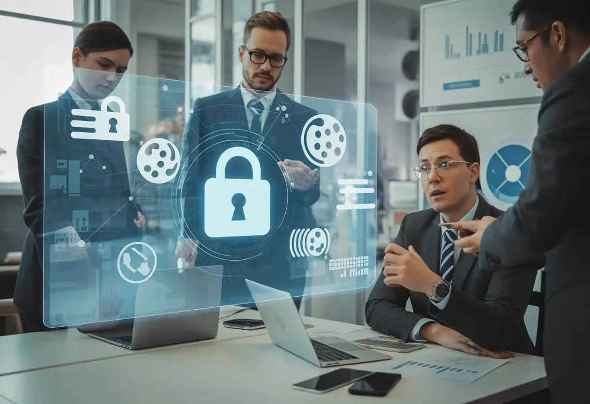 De Nieuwe E-Privacy Verordening: Wat betekent dit voor uw cookies en digitale marketing? 3 Een groep professionals bespreekt digitale privacy en cookies in een moderne kantooromgeving met een digitaal scherm waarop symbolen voor cookies en gegevensbescherming te zien zijn.
