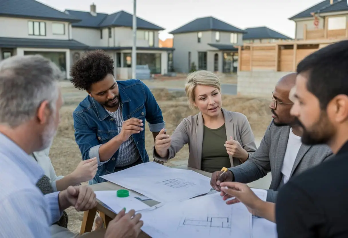 Een groep mensen bespreekt bouwplannen buiten in een woonwijk met huizen en bouwplaatsen op de achtergrond.