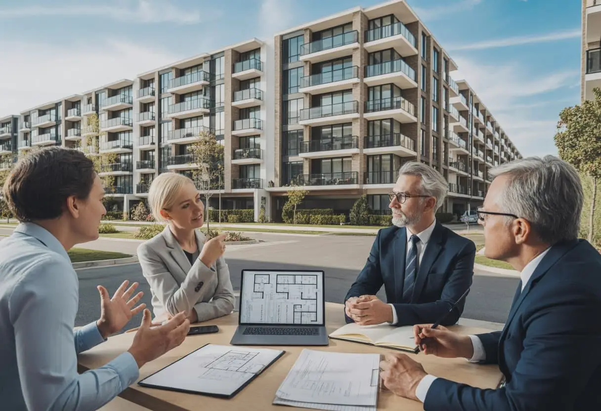 Professionals bespreken buiten een modern appartementencomplex de verdeling van appartementen en gemeentelijke vergunningen.
