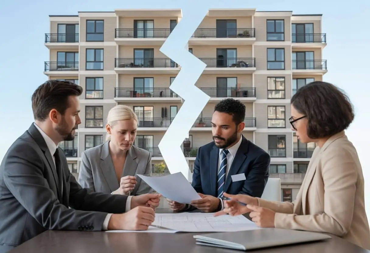 Een groep professionals bespreekt plannen voor het splitsen van een appartement bij een modern appartementencomplex.