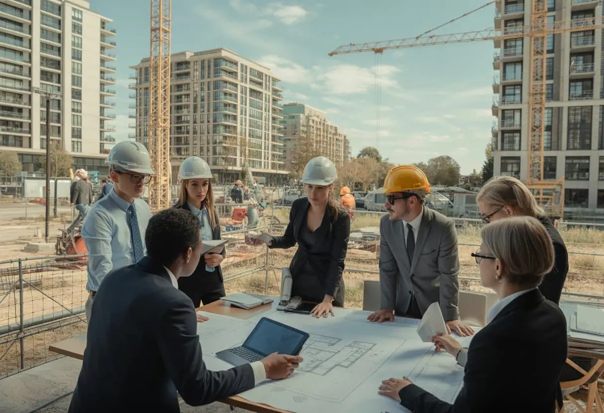 Mensen die samenwerken aan bouwplannen in een stadswijk met bouwactiviteiten op de achtergrond.