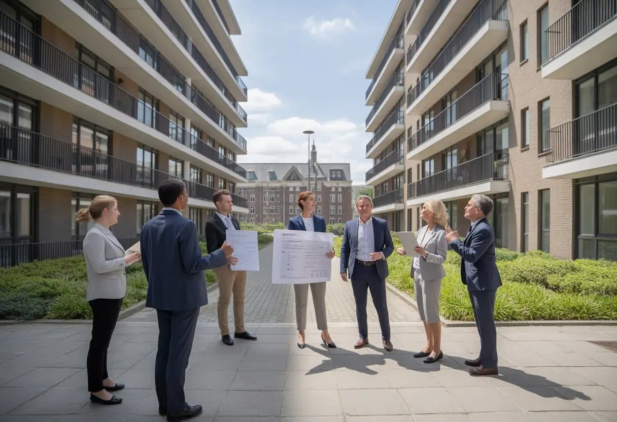 Een groep mensen die buiten bij een modern appartementencomplex overlegt, met op de achtergrond een stadhuis en documenten.