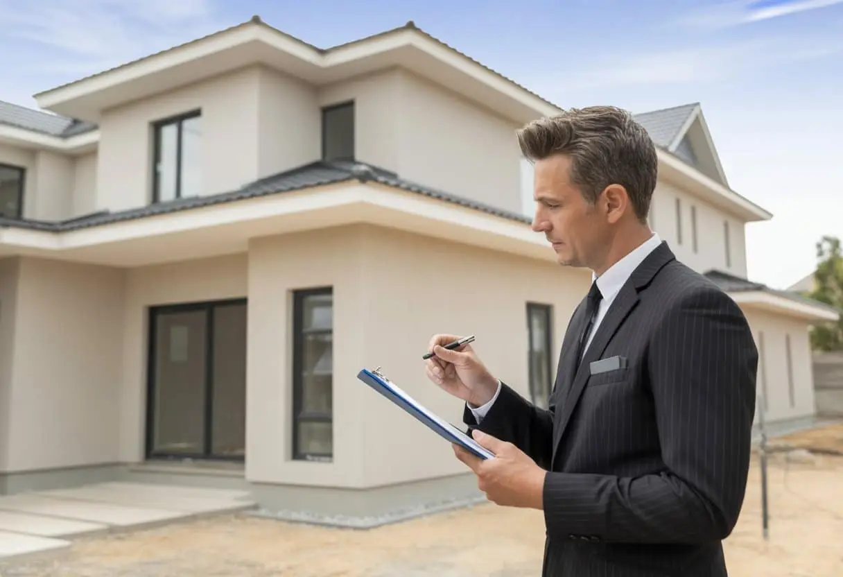 Een bouwexpert inspecteert een nieuwbouwwoning na oplevering, met een clipboard in de hand, in een nette woonwijk.
