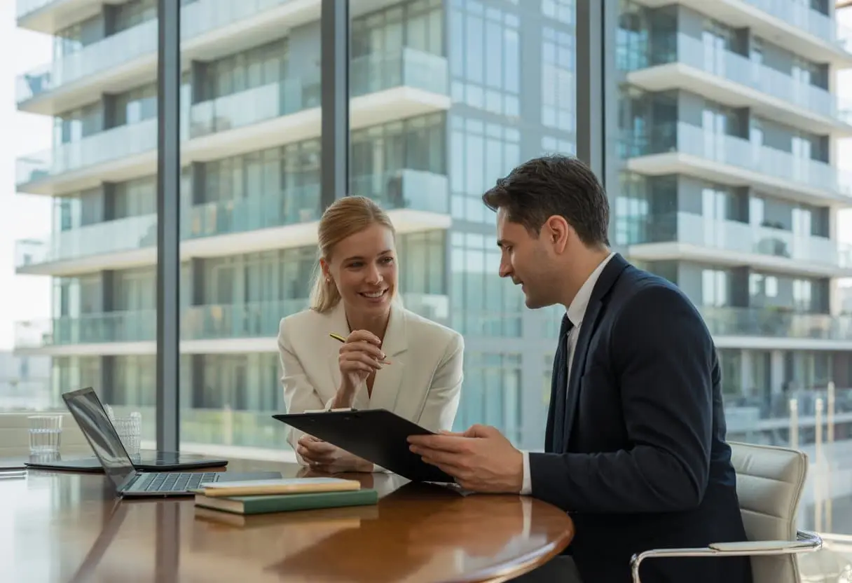 Een professionele advocaat bespreekt juridische documenten met een cliënt in een moderne kantooromgeving voor een luxe appartementencomplex.