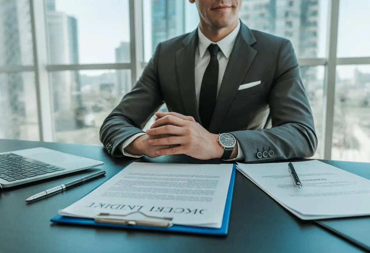 Een zakelijke persoon zit aan een bureau met juridische documenten en een laptop, met op de achtergrond luxe appartementen in een stad.
