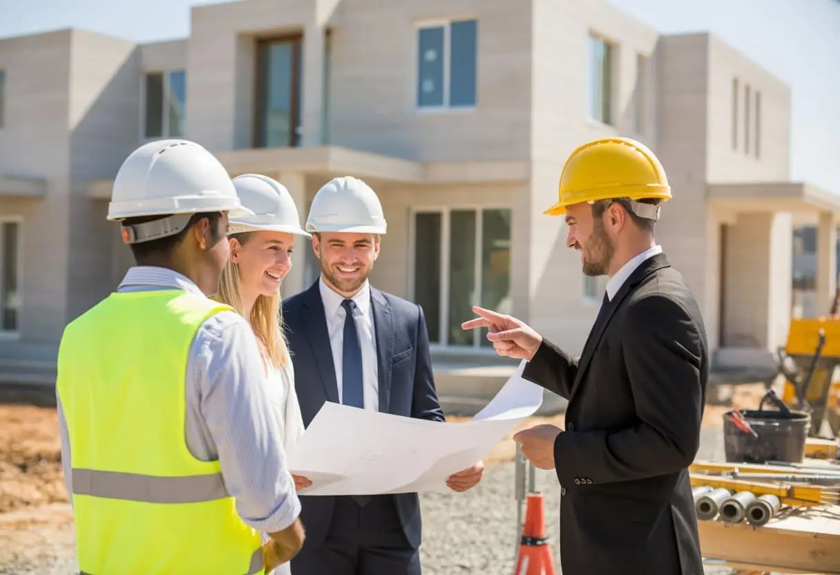 Een bouwplaats waar professionals met helmen bouwplannen bekijken bij een net opgeleverd gebouw.
