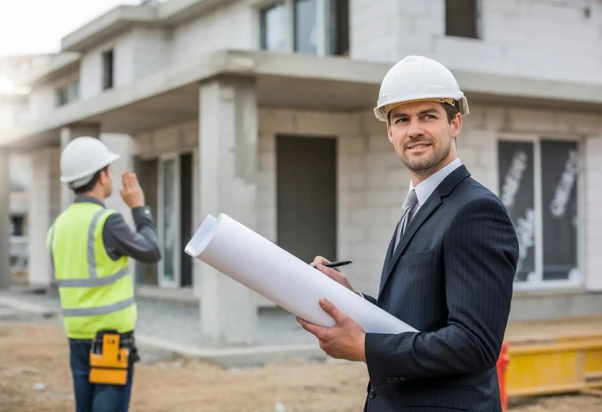 Een aannemer inspecteert een net opgeleverde bouw met een clipboard, terwijl een opzichter met een veiligheidshelm de constructie controleert.