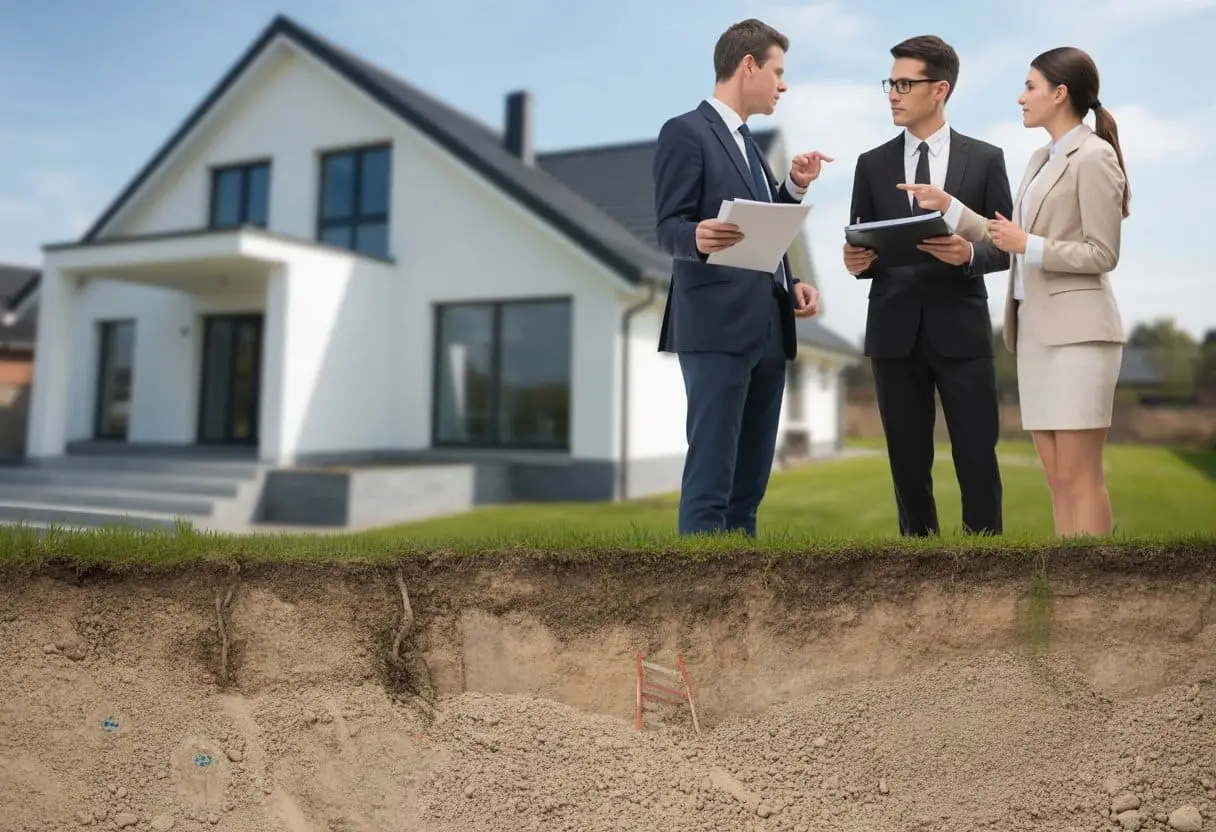 Vastgoed en Bodemverontreiniging: Aansprakelijkheid Koper, Verkoper en Makelaar 2 Drie professionals bespreken bodemverontreiniging bij een woning met vervuilde grond op de voorgrond.
