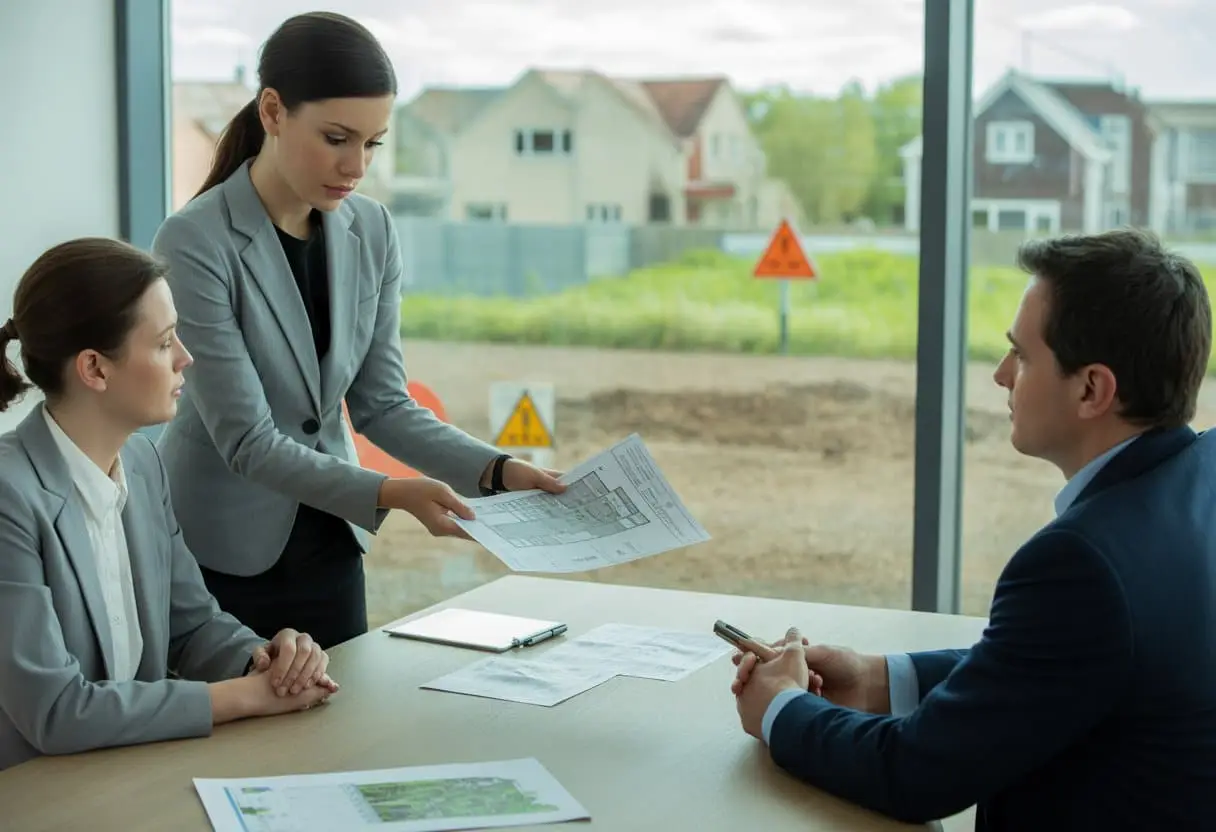 Vastgoed en Bodemverontreiniging: Aansprakelijkheid Koper, Verkoper en Makelaar 3 Drie mensen zitten aan een tafel in een kantoor, waarbij een makelaar documenten overhandigt aan een koper en verkoper, met bouwplannen en milieu-inspectierapporten op tafel en een uitzicht op huizen en groen buiten.