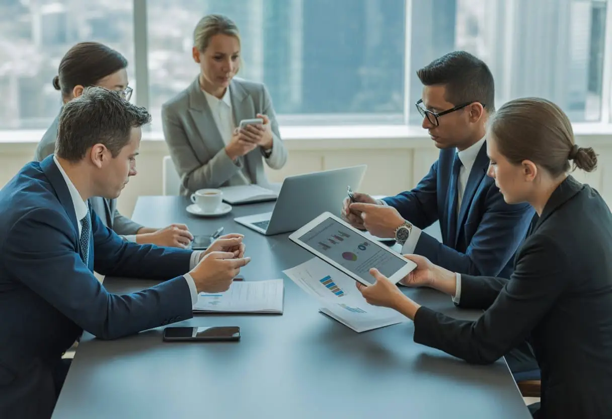 Een groep professionals bespreekt juridische documenten over influencer marketing en socialmediacontracten aan een vergadertafel in een kantoor.