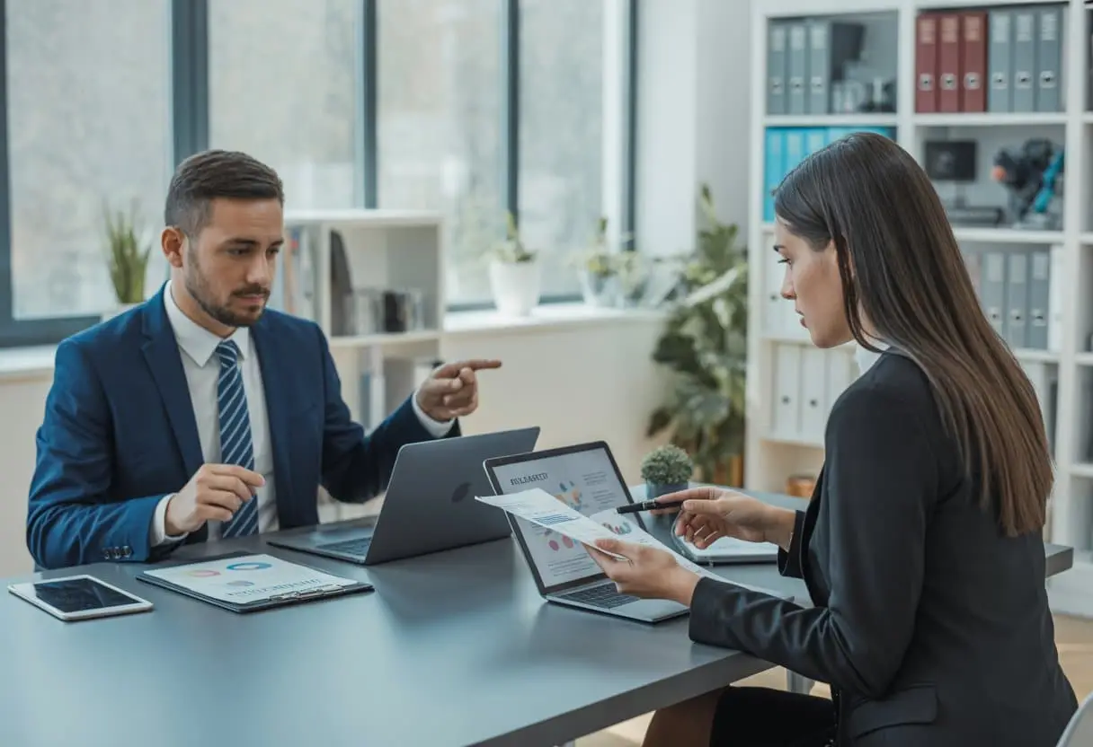 Twee zakelijke professionals bespreken contracten in een moderne kantooromgeving.