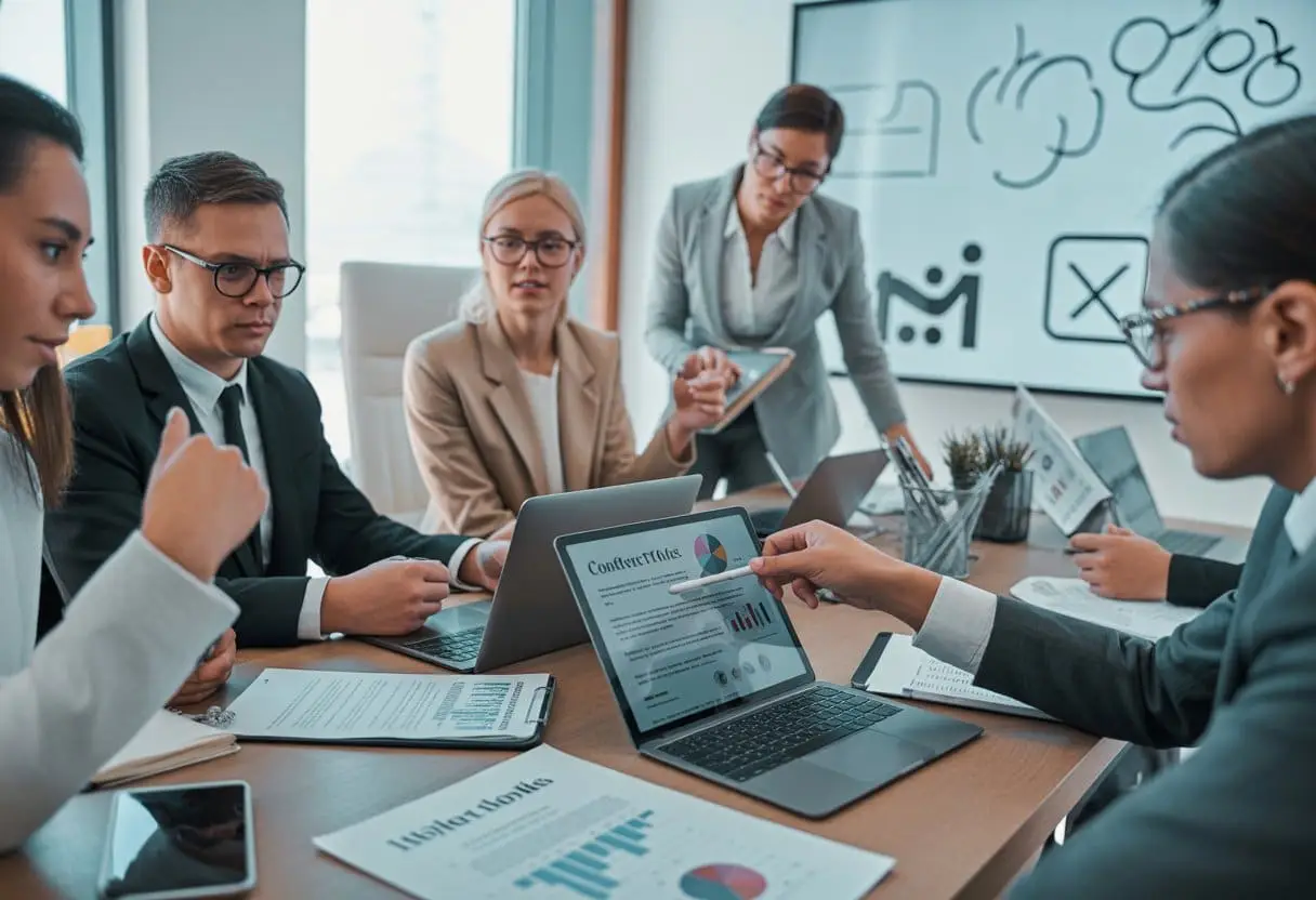 Een groep professionals bespreekt juridische aspecten van influencer marketing aan een vergadertafel met laptops en documenten.