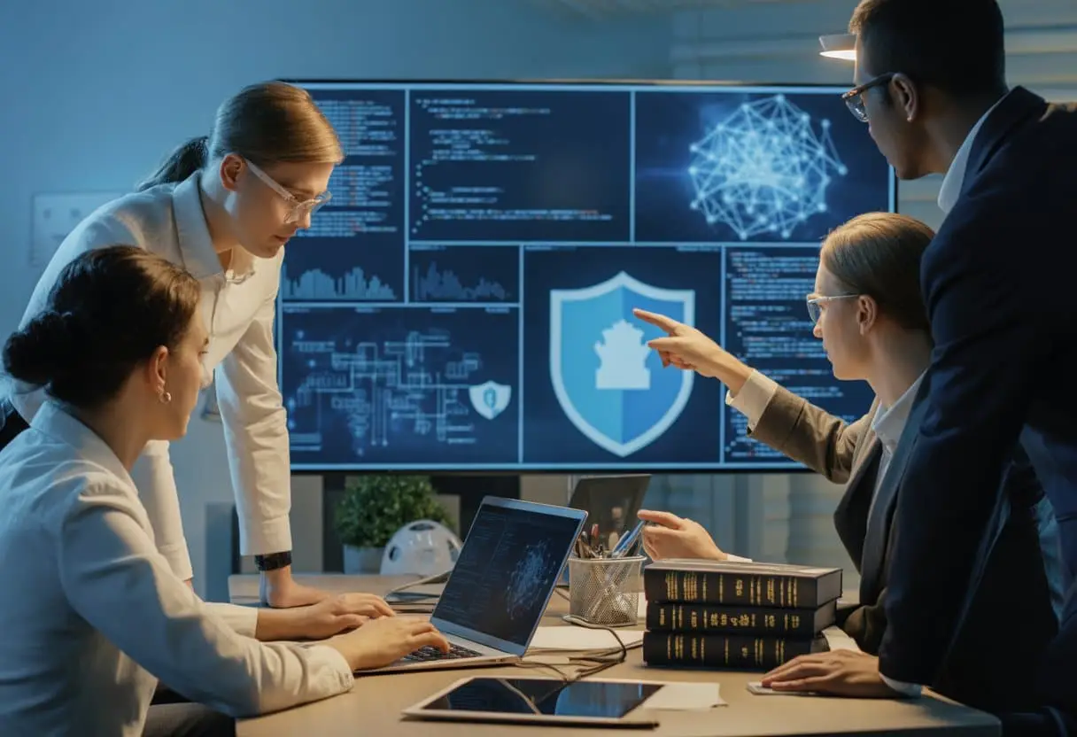 Een groep professionals werkt samen in een moderne kantooromgeving met een groot digitaal scherm waarop cybersecuritygegevens worden weergegeven.