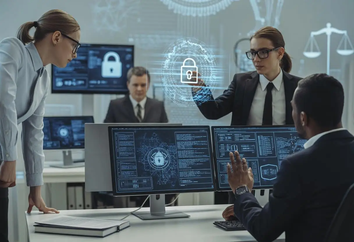 Een groep cybersecurityprofessionals werkt samen in een moderne kantooromgeving met computers en digitale beveiligingssymbolen.