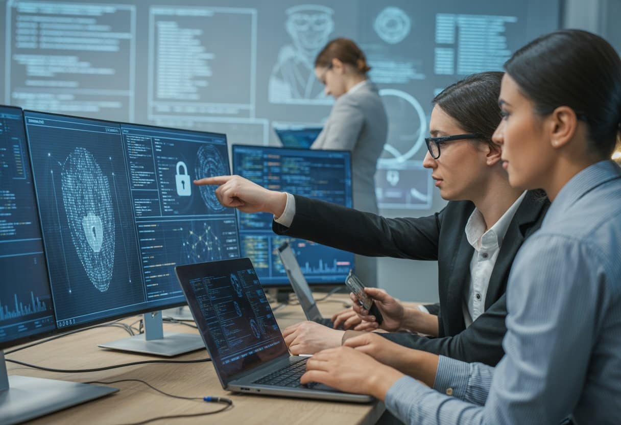 Een groep cybersecurityprofessionals werkt samen aan computers met digitale beveiligingssymbolen en code in een moderne kantooromgeving.