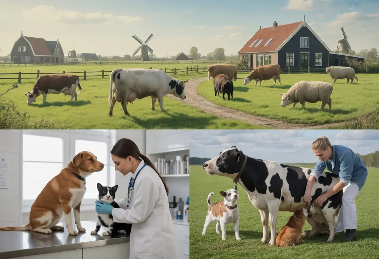Een dierenarts onderzoekt een hond en een kat in een kliniek, terwijl een boer dieren op een groene boerderij verzorgt.