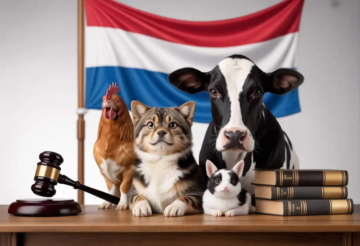 Een hond, kat, koe en kip staan samen met een rechterhamer en boeken op een bureau, met een Nederlandse vlag op de achtergrond.