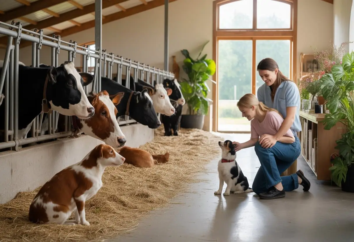 Een schone en ruime stal met gezonde boerderijdieren en een gezin dat liefdevol omgaat met hun huisdieren in een lichte woonkamer.