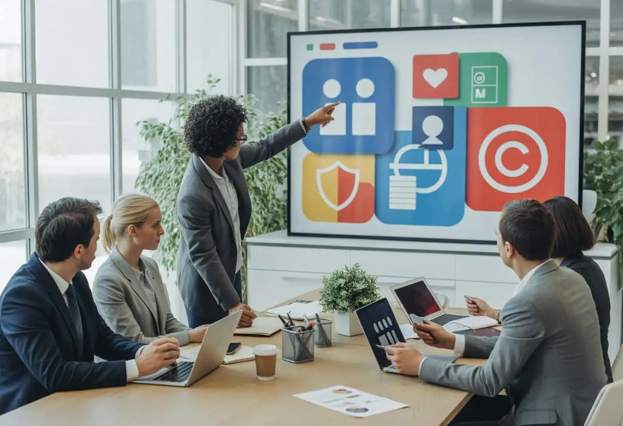 Een groep professionals in een kantoor die over sociale media en auteursrecht vergaderen, met een scherm waarop symbolen voor sociale media en copyright te zien zijn.