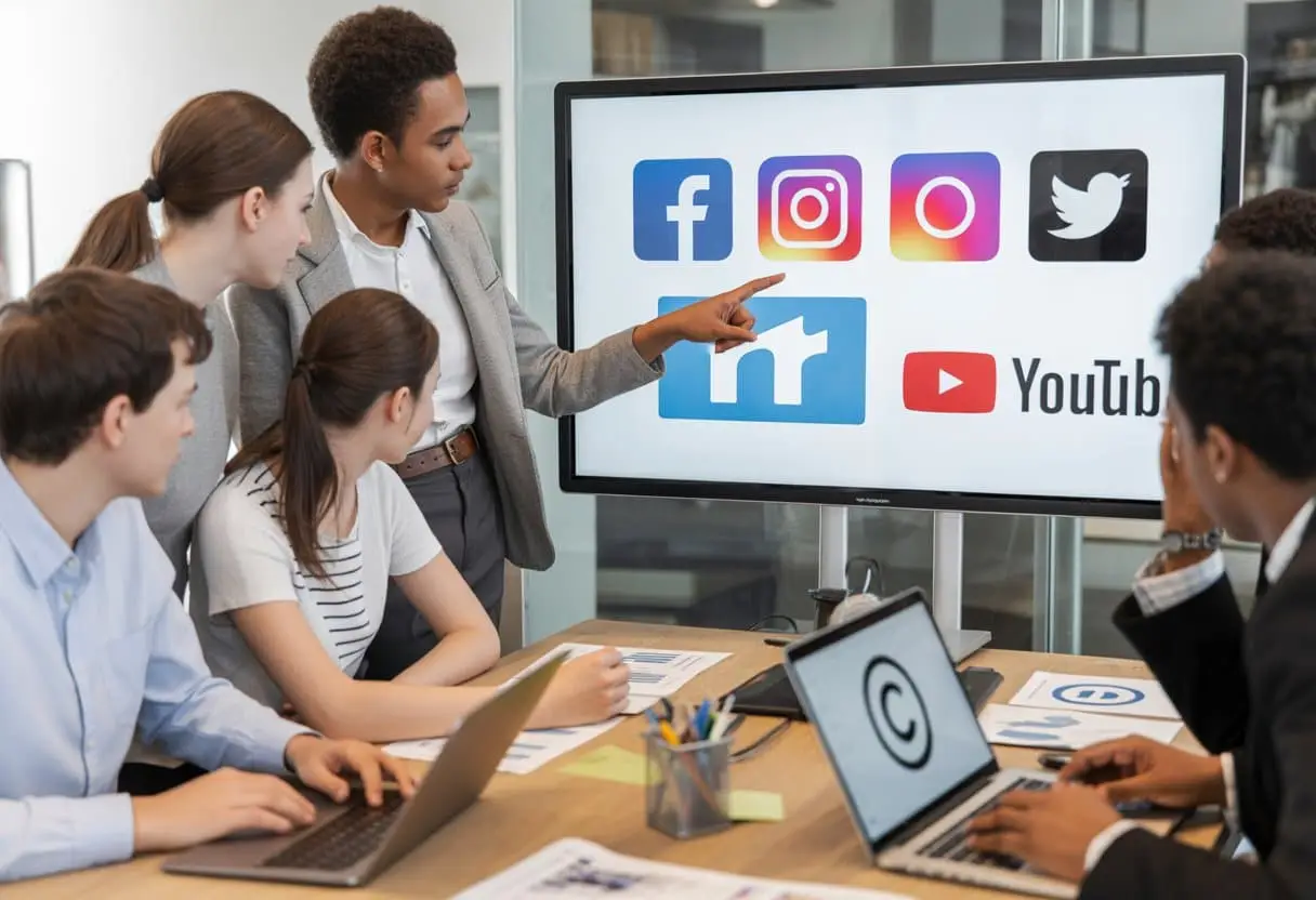 Een groep jonge professionals bespreekt auteursrecht en social media in een modern kantoor met een groot scherm waarop sociale media-iconen te zien zijn.