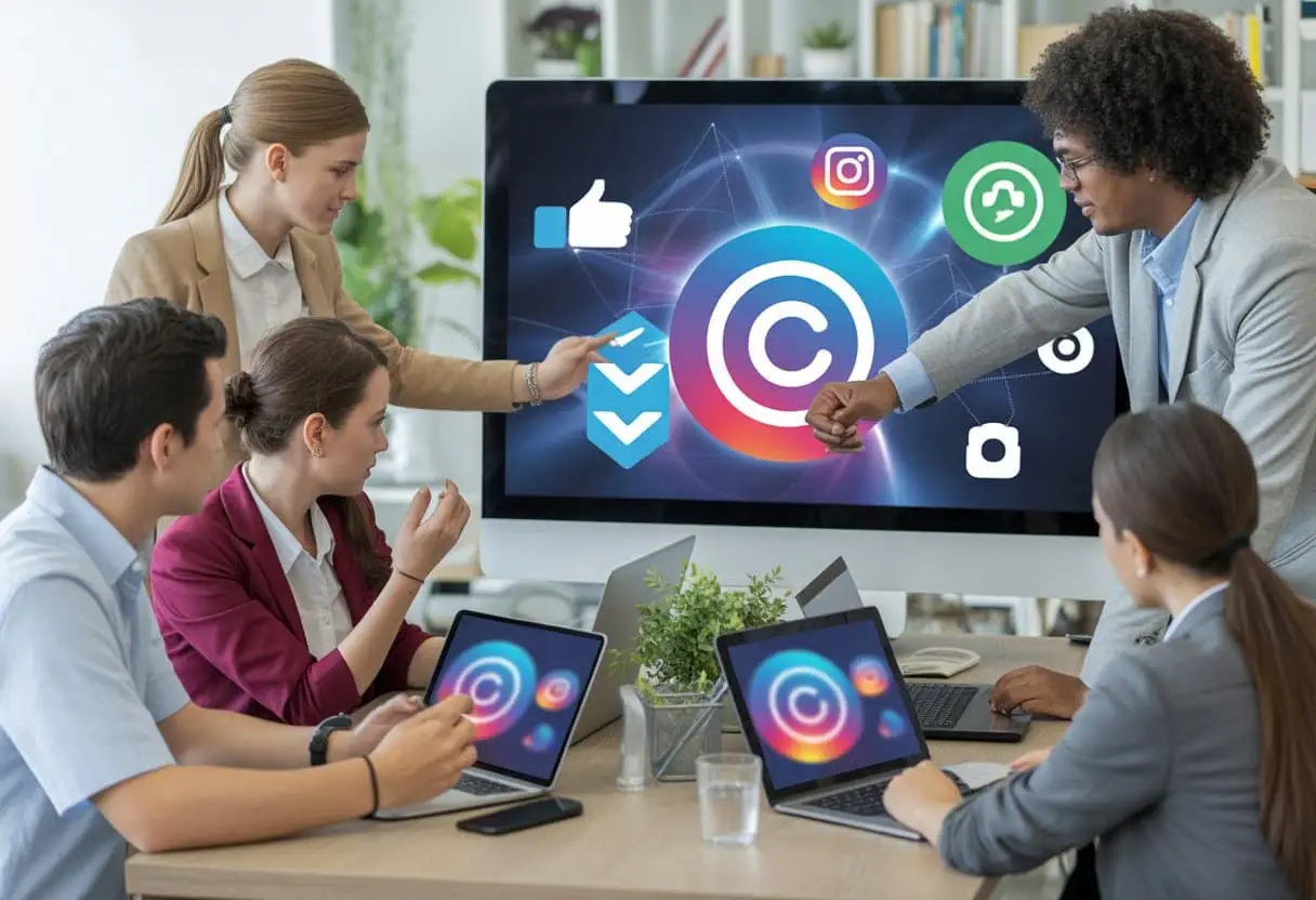 Een groep jonge professionals werkt samen in een modern kantoor met digitale schermen die sociale media en auteursrecht symbolen tonen.
