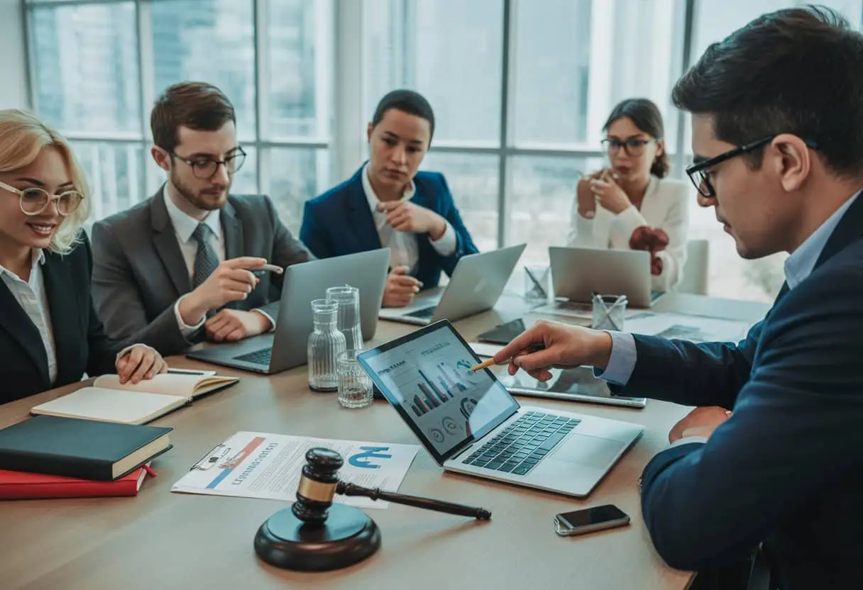 Startups en Crowdfunding: Juridische risico's en bescherming uitgelegd 1 Een groep jonge professionals zit rond een tafel in een kantoor, bezig met documenten en digitale apparaten, met juridische boeken en een hamer op tafel.