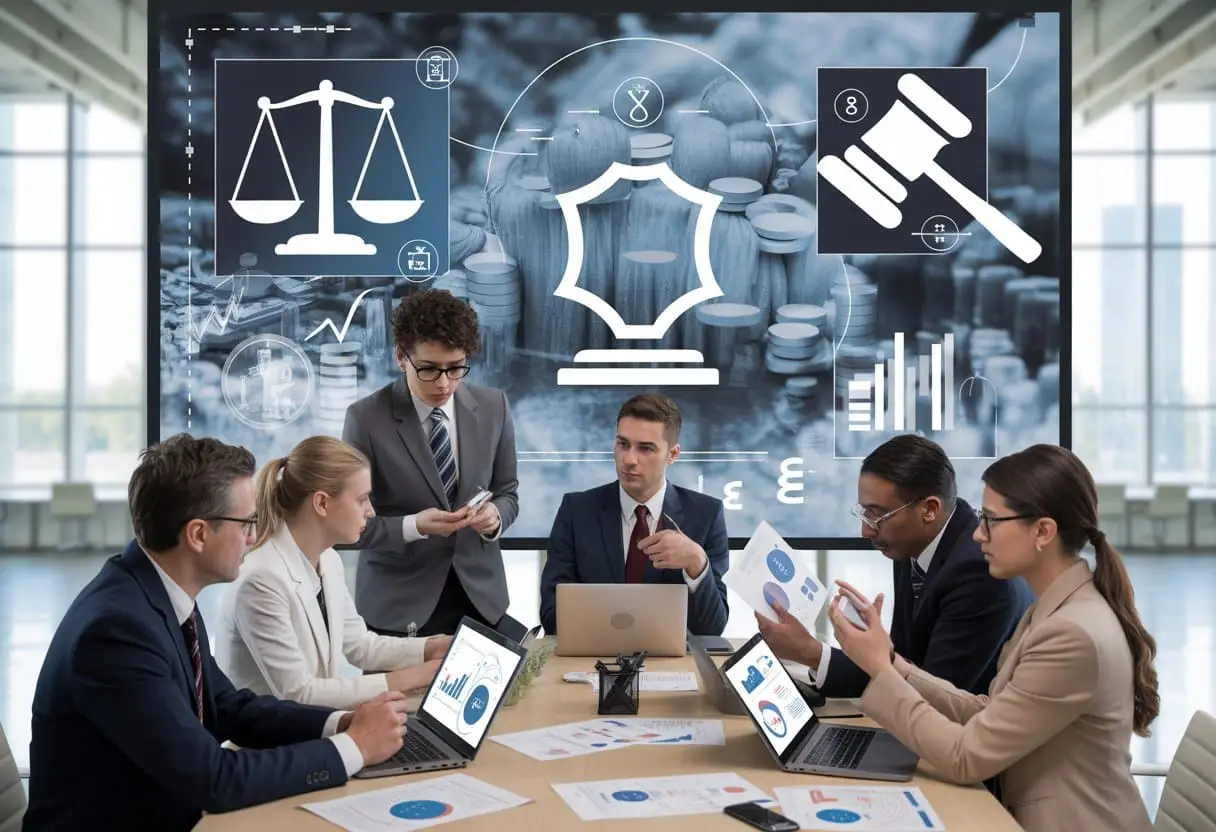 Startups en Crowdfunding: Juridische risico's en bescherming uitgelegd 2 Een groep zakelijke professionals bespreekt juridische documenten rond een vergadertafel in een modern kantoor met schermen die juridische en crowdfunding symbolen tonen.