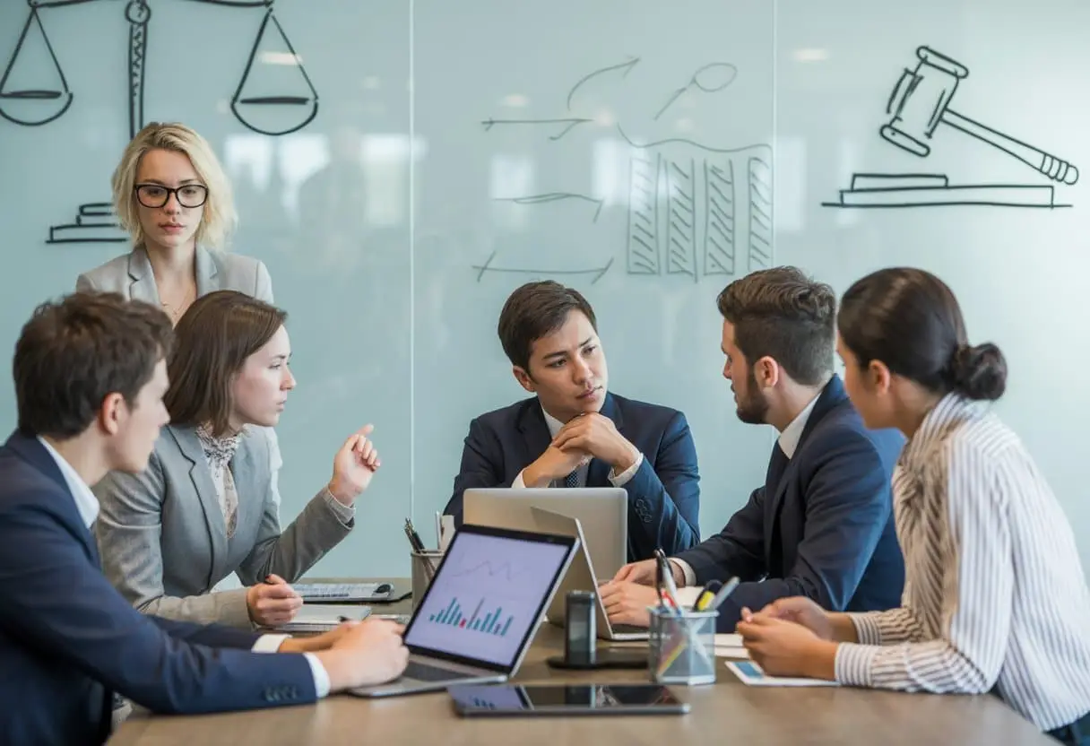 Startups en Crowdfunding: Juridische risico's en bescherming uitgelegd 3 Een groep jonge professionals bespreekt juridische risico's in een moderne kantooromgeving.