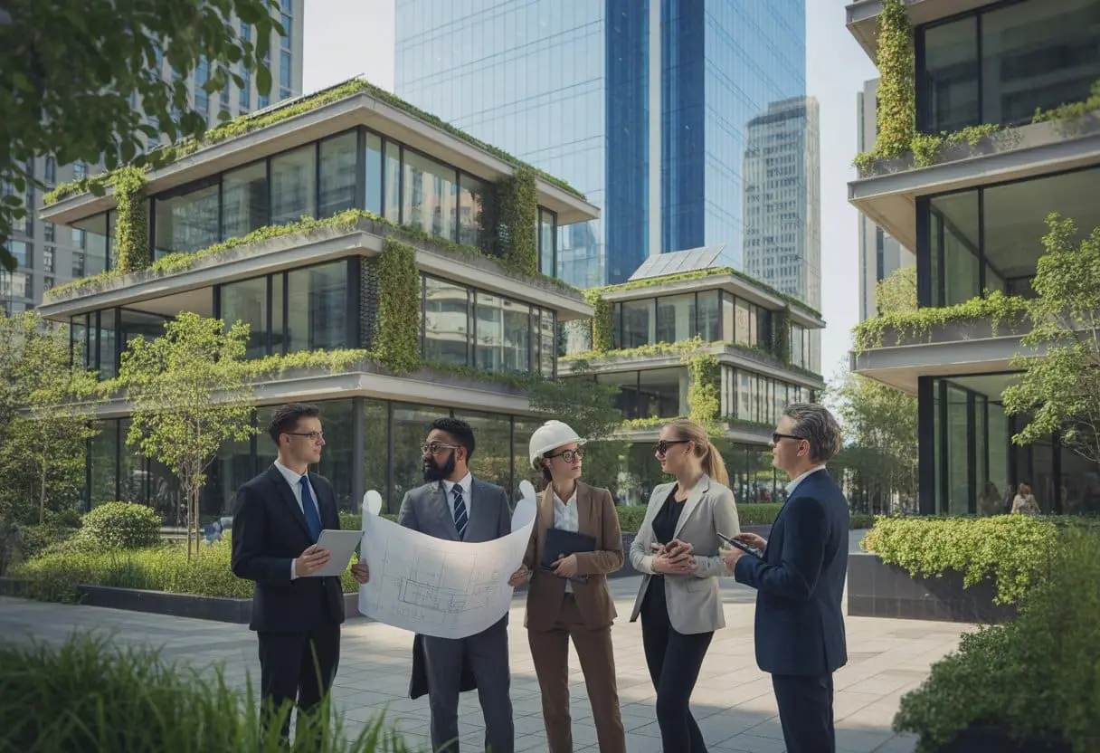 Een groep professionals bespreekt duurzame, moderne gebouwen met groene daken en zonnepanelen in een stedelijke omgeving met veel groen.