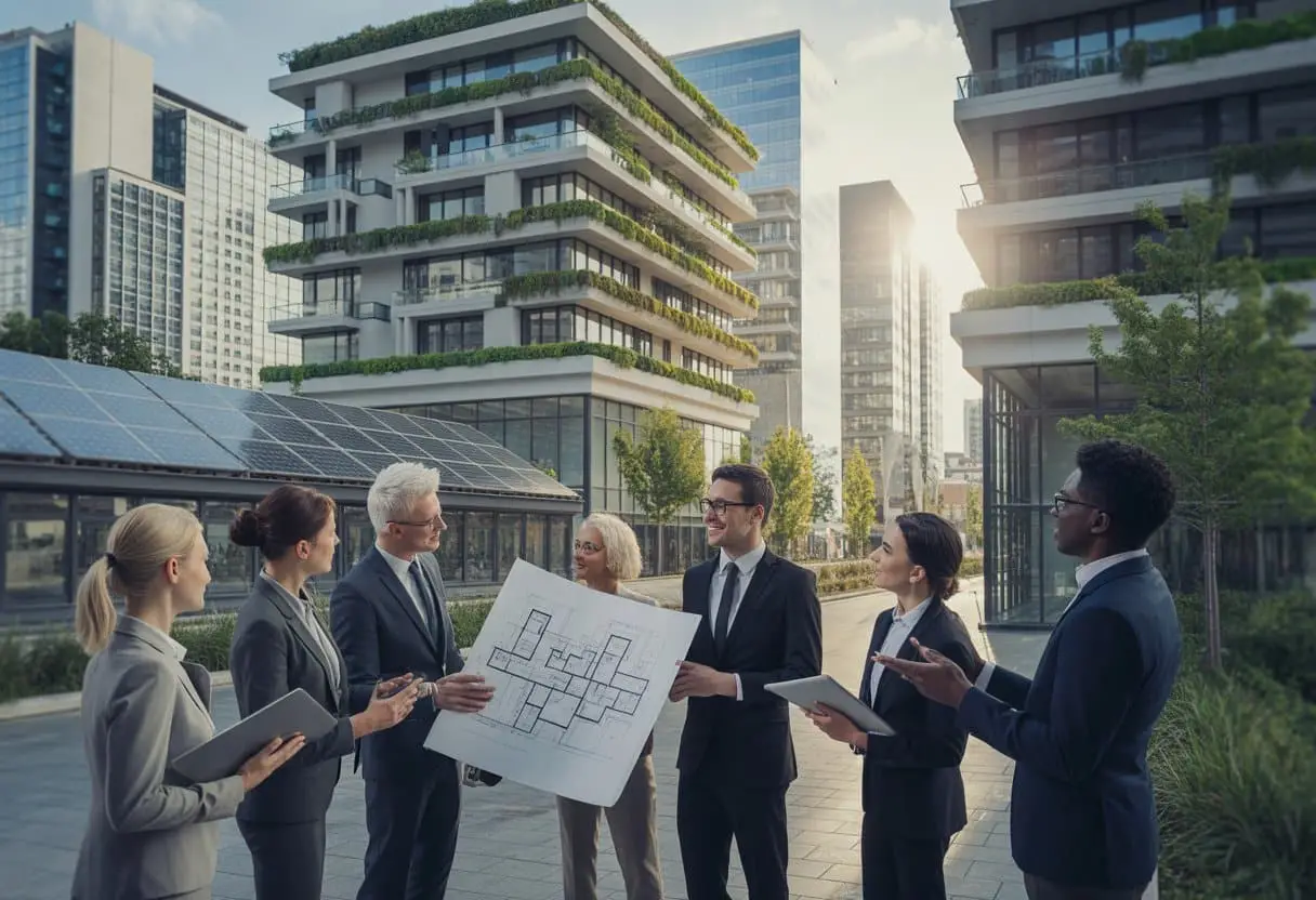 Zakelijke mensen bespreken duurzame gebouwen in een moderne stedelijke omgeving met groene daken en zonnepanelen.